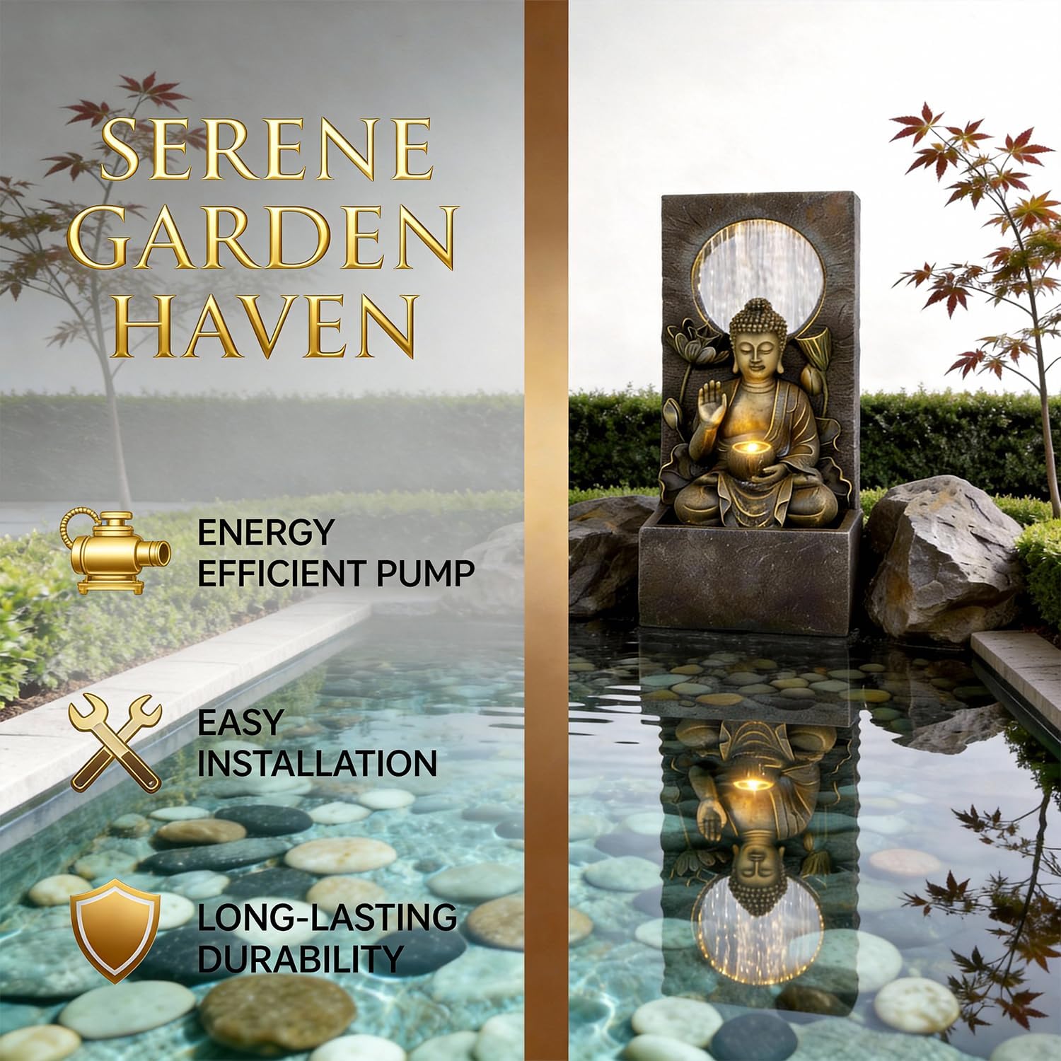 Ferrisland Buddha Waterfall Fountain Outdoor, Freestanding Relaxing Water Fountain, Asian Zen Fengshui Patio Garden Backyard Decking Home Decor, Gift Ideas (Gold, 27.6' H)
