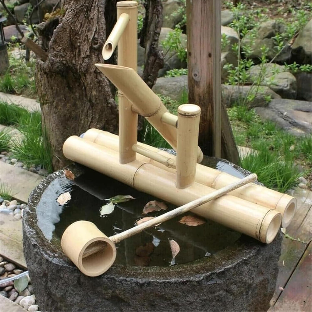 Japanese Bamboo Water Fountain Kit, Zen Garden Waterfeature with Pump and Water Spoon, Split-Resistant Bamboo, Indoor Outdoor Zen Garden Water Features