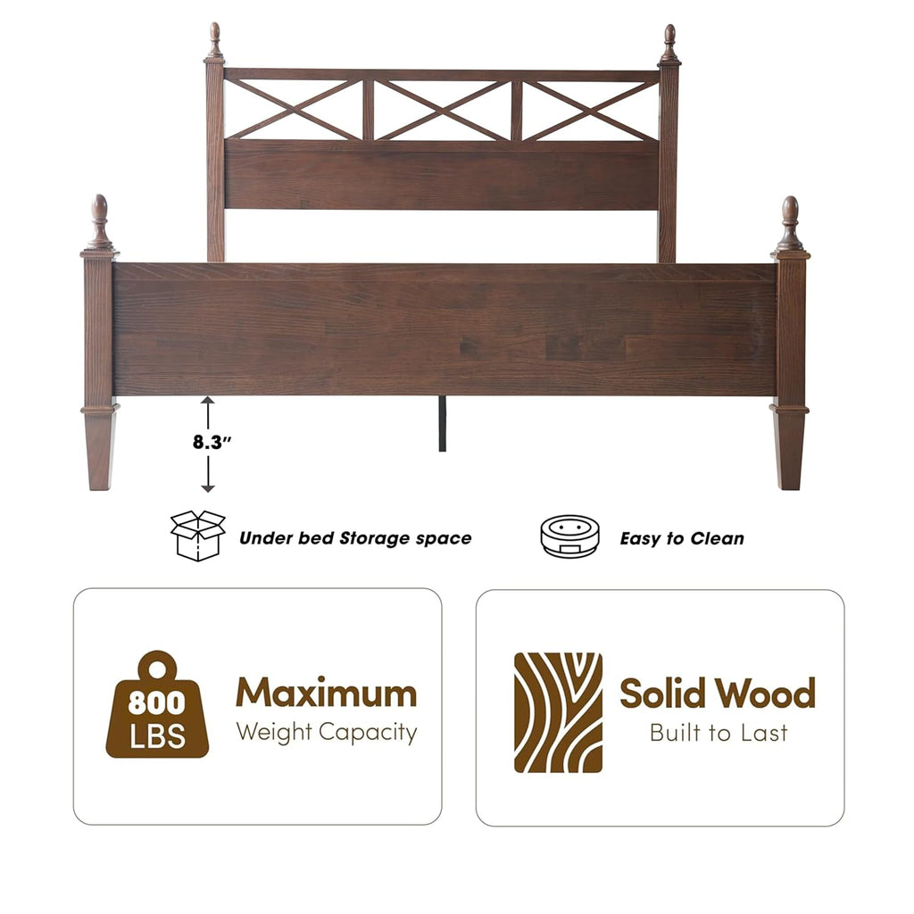 Queen Size Bed Frame with Headboard & Footboard, Solid Wood Platform Bed, Central Metal Legs, 12 Sturdy Slatted Base, Noise-Free & Anti-Slip, No Box Spring Needed, Dark Roast Oak Finish RIQ-32