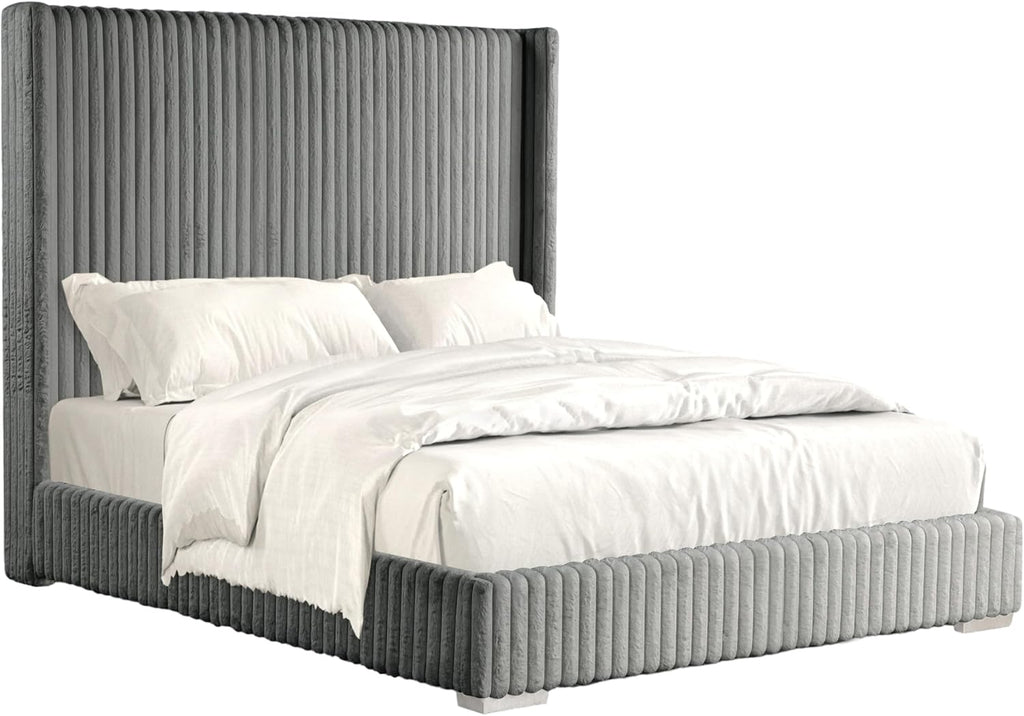 Furniture of America Plutforn Modern Wood 82-inch King Platform Bed with Fur Chenille Fabric, No Box Spring Required for Bedroom, Guest Room, Gray