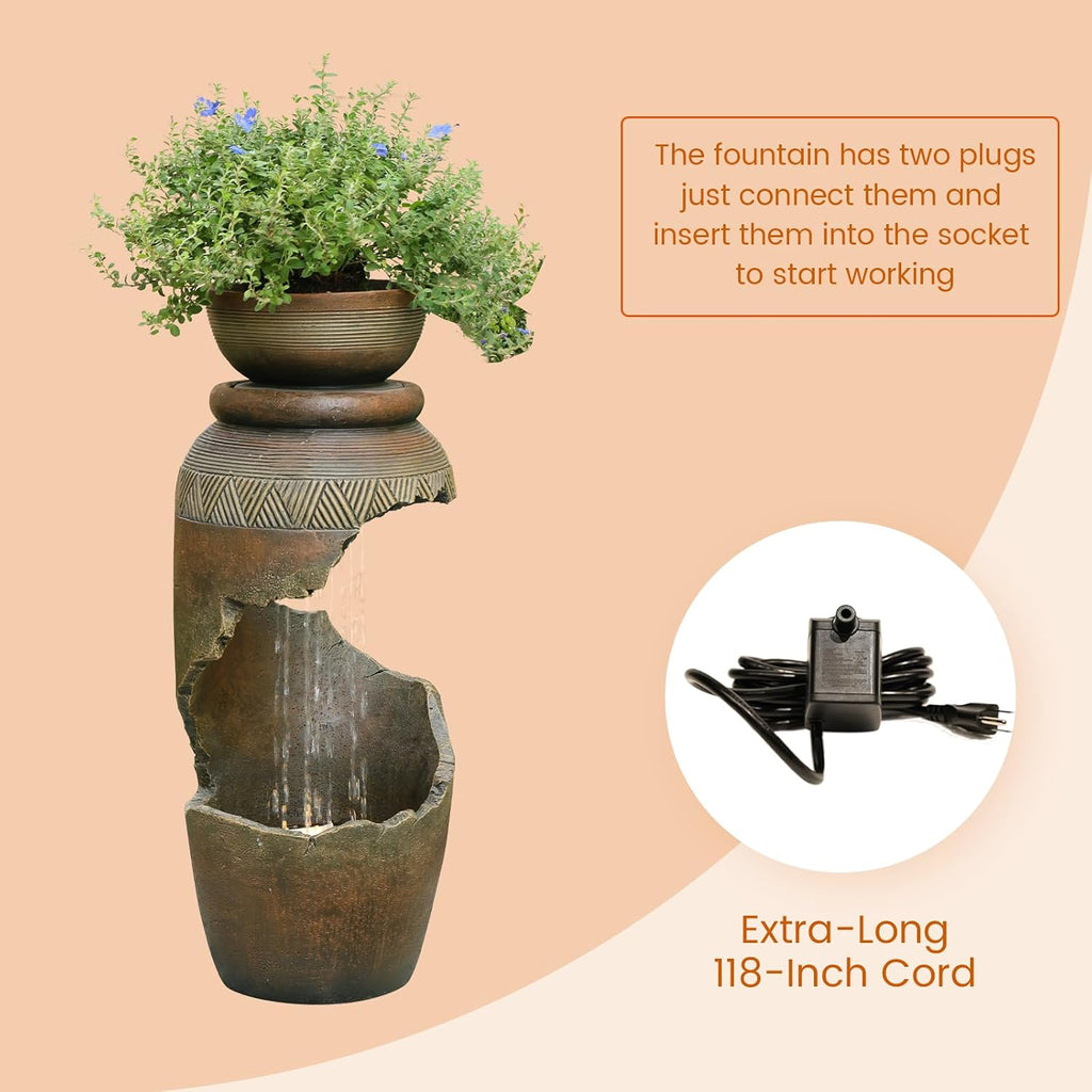 Free Standing Garden Fountain with Planter, Tiered Urn Water Fountain Outdoor, Cascading Waterfall Resin Fountain for Patio, Yard, Porch and Home Décor, Cracked Urn Design(Terracotta Brown)