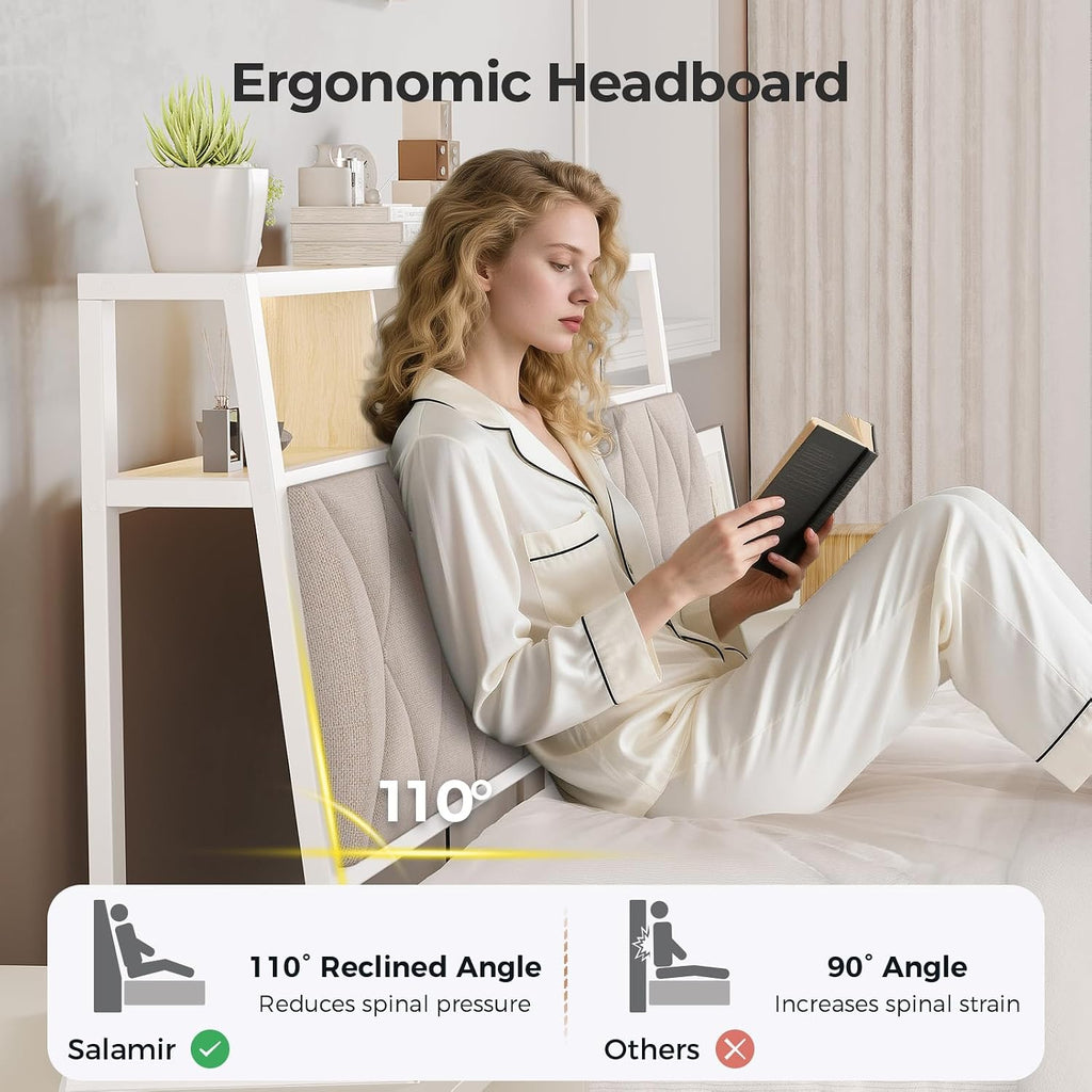 King Headboard Only, Headboard for King Size Bed with Storage, Upholstered Headboards with LED Lights & Charging Station, Attach Frame, Ideal for Bedroom/Dorm/Guest Room, White & Beige