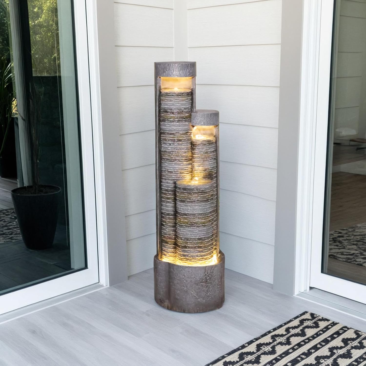 39.76' Tall Indoor Outdoor Water Fountain Modern Water Feature Stone-Textured Cascading Floor-Standing Fountains with Led Lights for Garden, Patio, Balcony, Yard, Office Home Art Decor