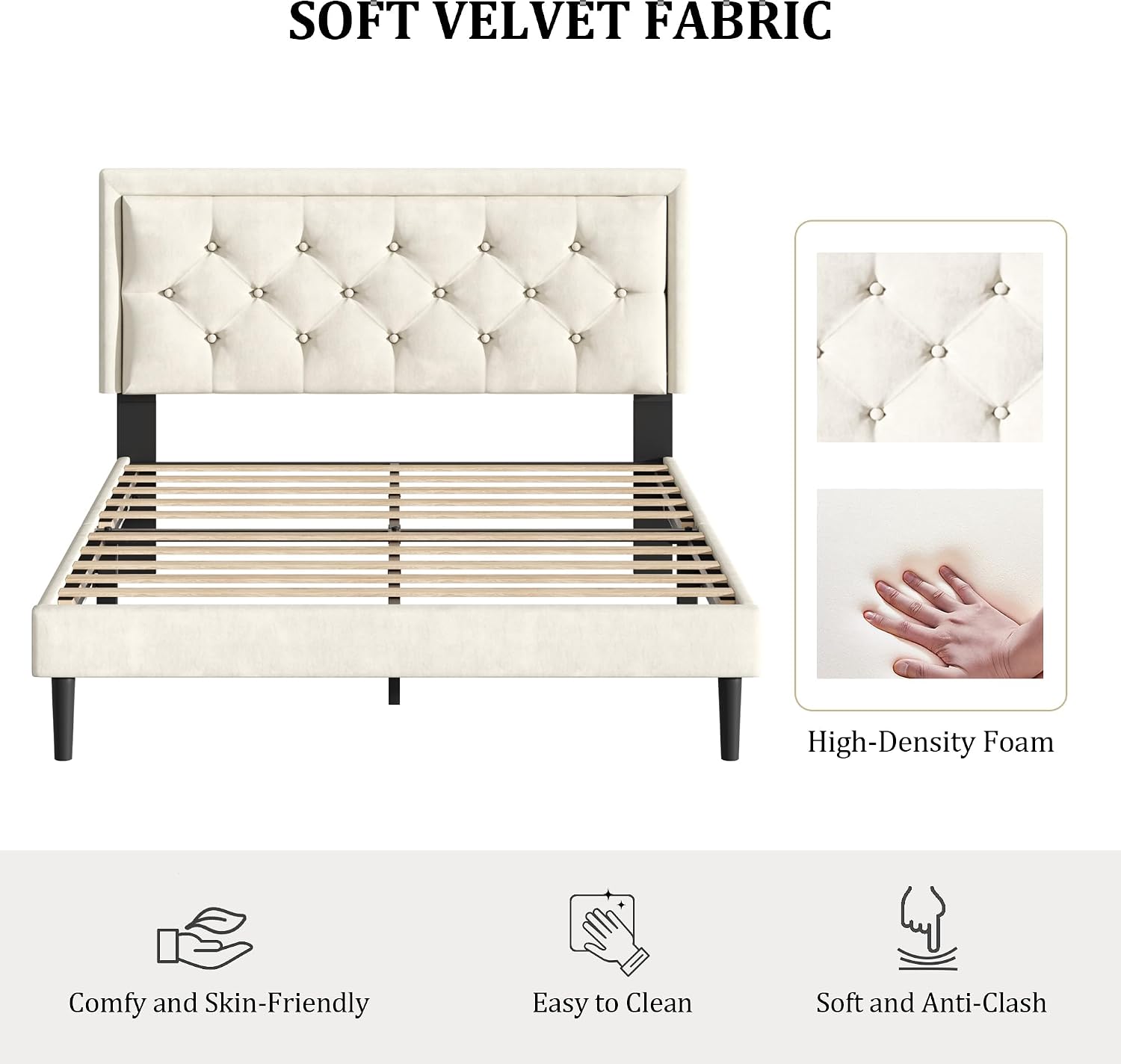 CXVX Queen Size Platform Bed Frame with Upholstered Velvet Button Tufted Headboard, Mattress Foundation with Wooden Slat Support, No Box Spring Needed, Easy Assembly, Noise Free, Beige