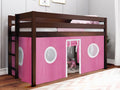 JACKPOT! Contemporary Low Loft Twin Bed with End Ladder, Cherry with Pink & White Tent