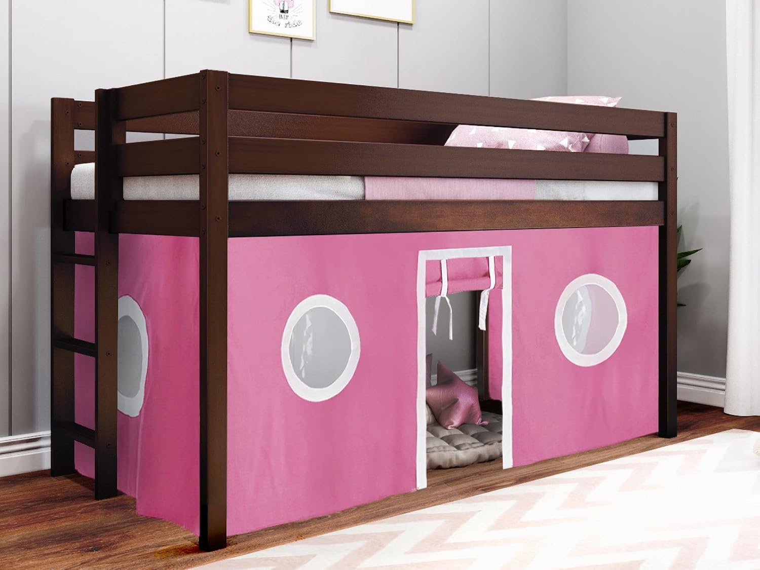 JACKPOT! Contemporary Low Loft Twin Bed with End Ladder, Cherry with Pink & White Tent