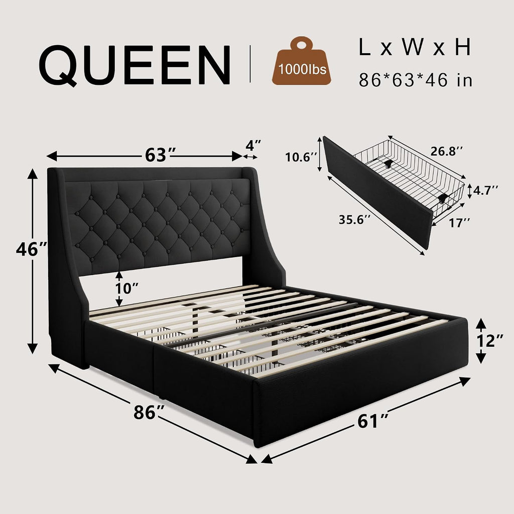 Einhomn Queen Bed Frame with 4 Storage Drawers, Upholstered Modern Bed Frame with Wingback Headboard, Charging Station, No Box Spring Needed, Easy Assembly, Black