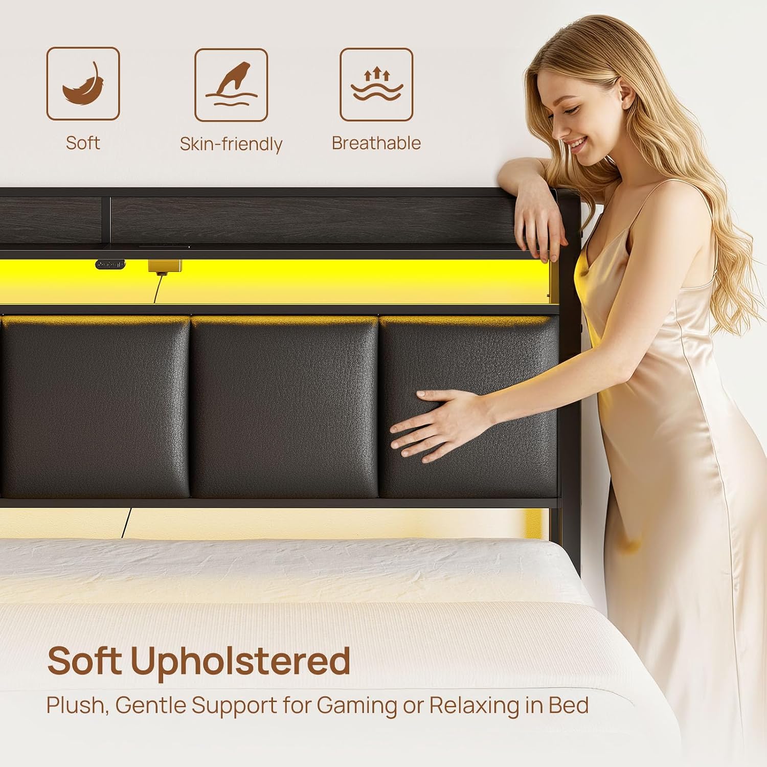 Rolanstar Bed Frame Queen Size with Charging Station and LED Lights, Upholstered Storage Headboard with Drawers, Heavy Duty Metal Slats, No Box Spring Needed, Easy Assembly, Black