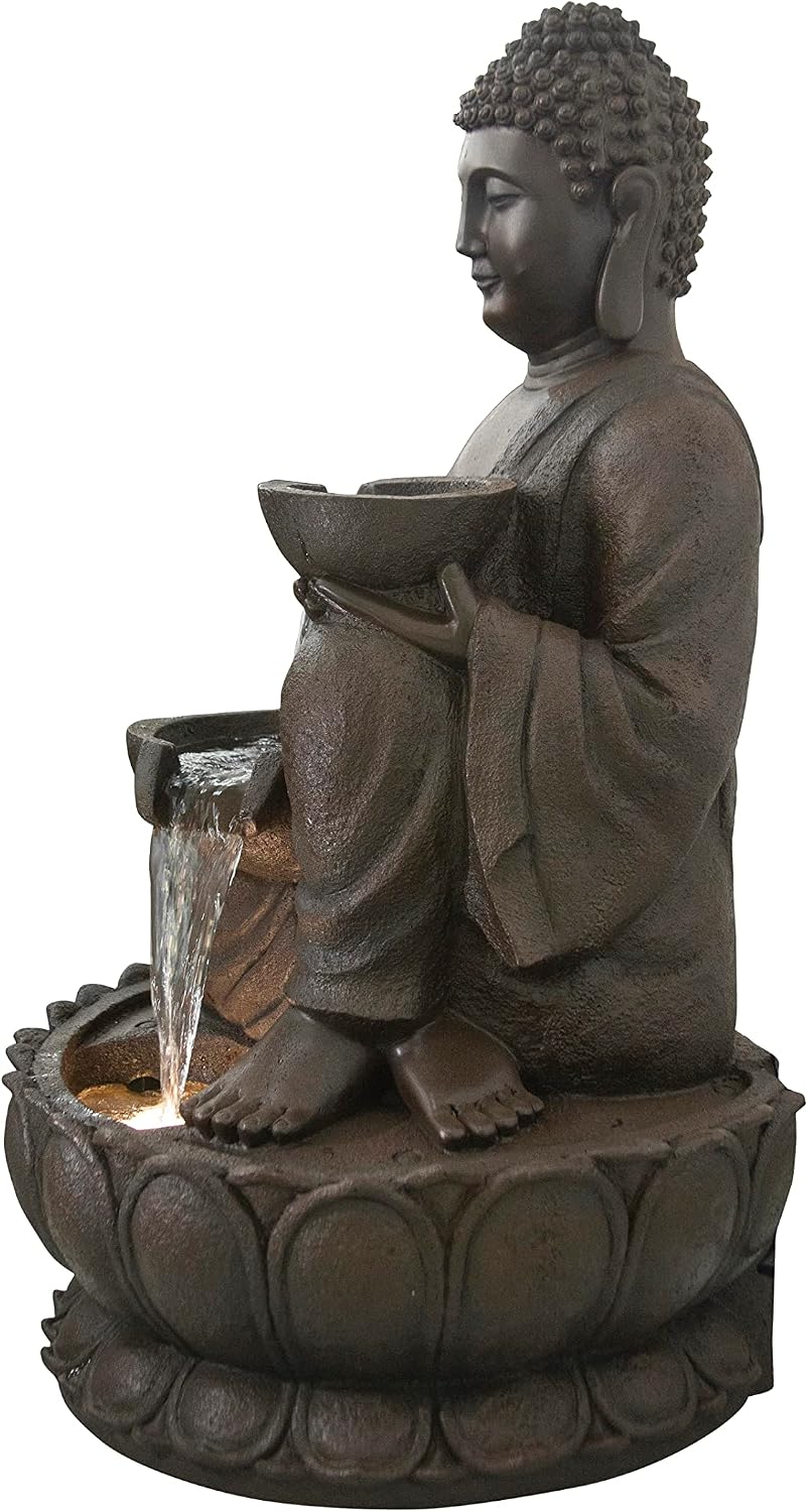 Hi-Line Gift-Large Buddha Fountain W/LED Light in/Outdoor Fountain Resin Garden Decor