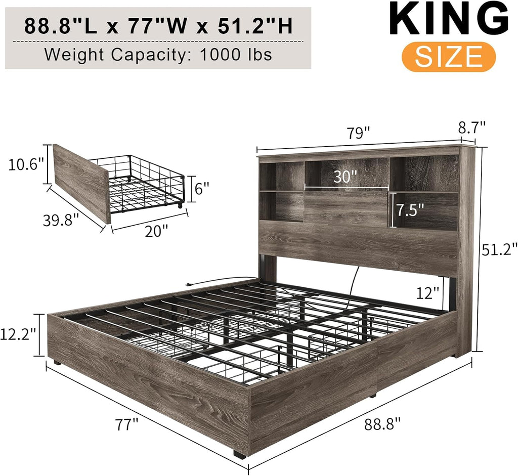 LUXOAK King Size Bed Frame with LED Bookcase Headboard, Wooden Storage Bed with Charging Station & 4 Drawers, No Box Spring Needed/Noise-Free/Rustic Grey