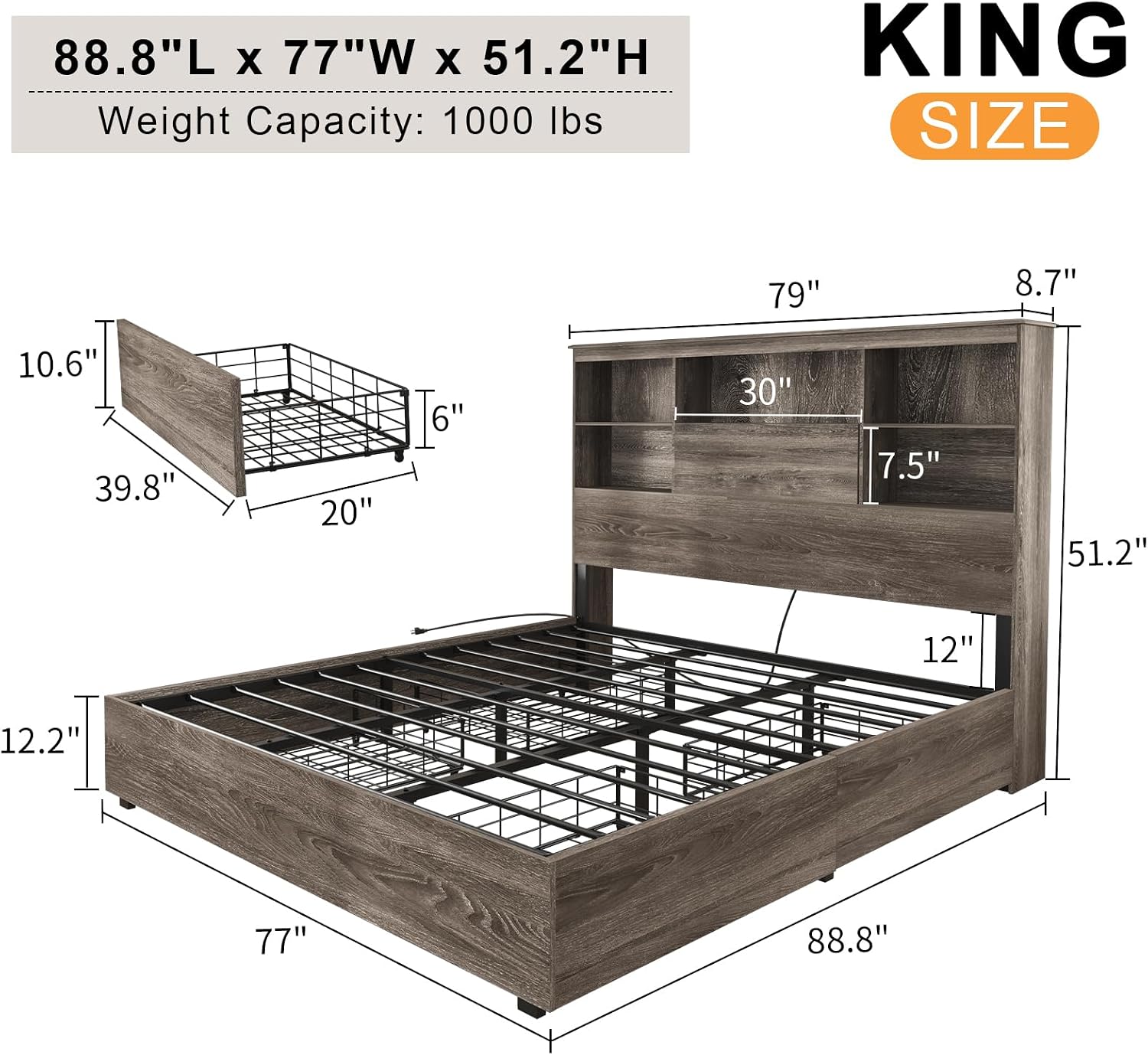 LUXOAK King Size Bed Frame with LED Bookcase Headboard, Wooden Storage Bed with Charging Station & 4 Drawers, No Box Spring Needed/Noise-Free/Rustic Grey