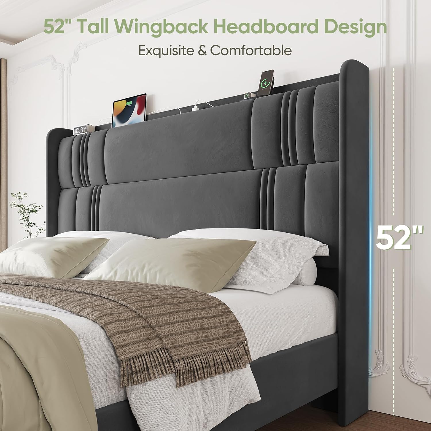 King Size Bed Frame and Tall Headboard, 52' Upholstered Platform Bed Frame with Charging Station, Luxury Velvet Bed Frames/Curved Wingback Headboard, No Box Spring Needed, Easy Assembly, Dark Grey