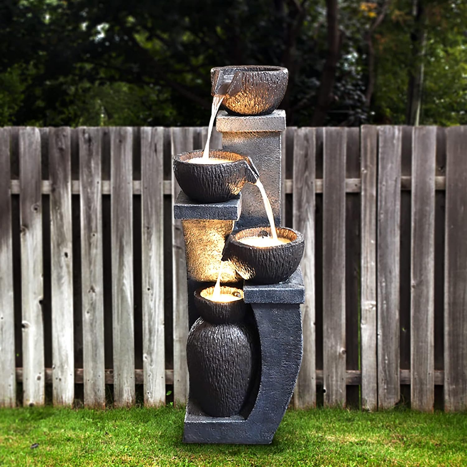 37.4'H Water Fountain Outdoor 4- Crocks Modern Garden Fountains LED Lighted Floor Fountain Natural Polyresin Decor for Garden, Patio, Backyard Ard and Home Art DéCor