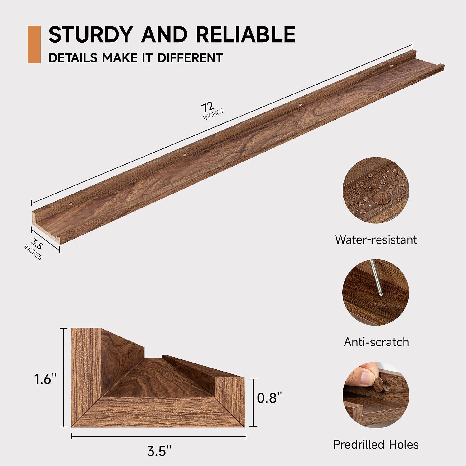 Floating Picture Ledge Shelves for Wall Set of 2, 72 Inches Picture Ledge Shelf with Long Large Nursery Book Shelf for Toys Storage Kids Bookshelf Wall Mounted Living Room Bedroom Decor Frames, Walnut