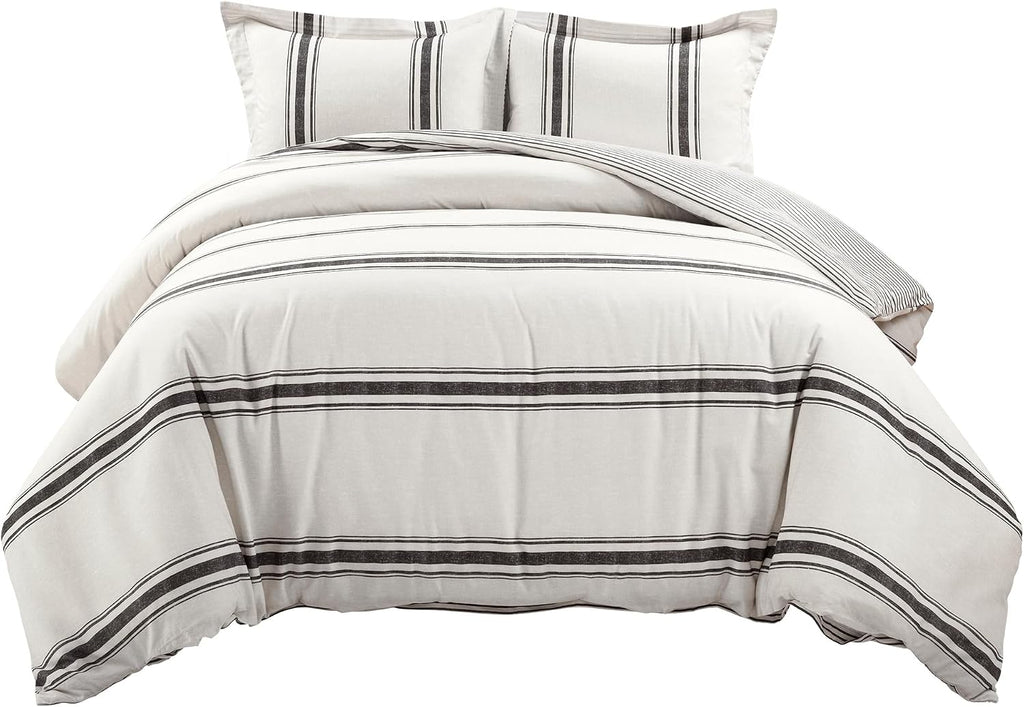 Lush Decor Farmhouse Stripe Reversible Cotton Duvet Cover King Size 3 Piece Set Black - Farmhouse Bedding Set King - Striped Duvet Cover
