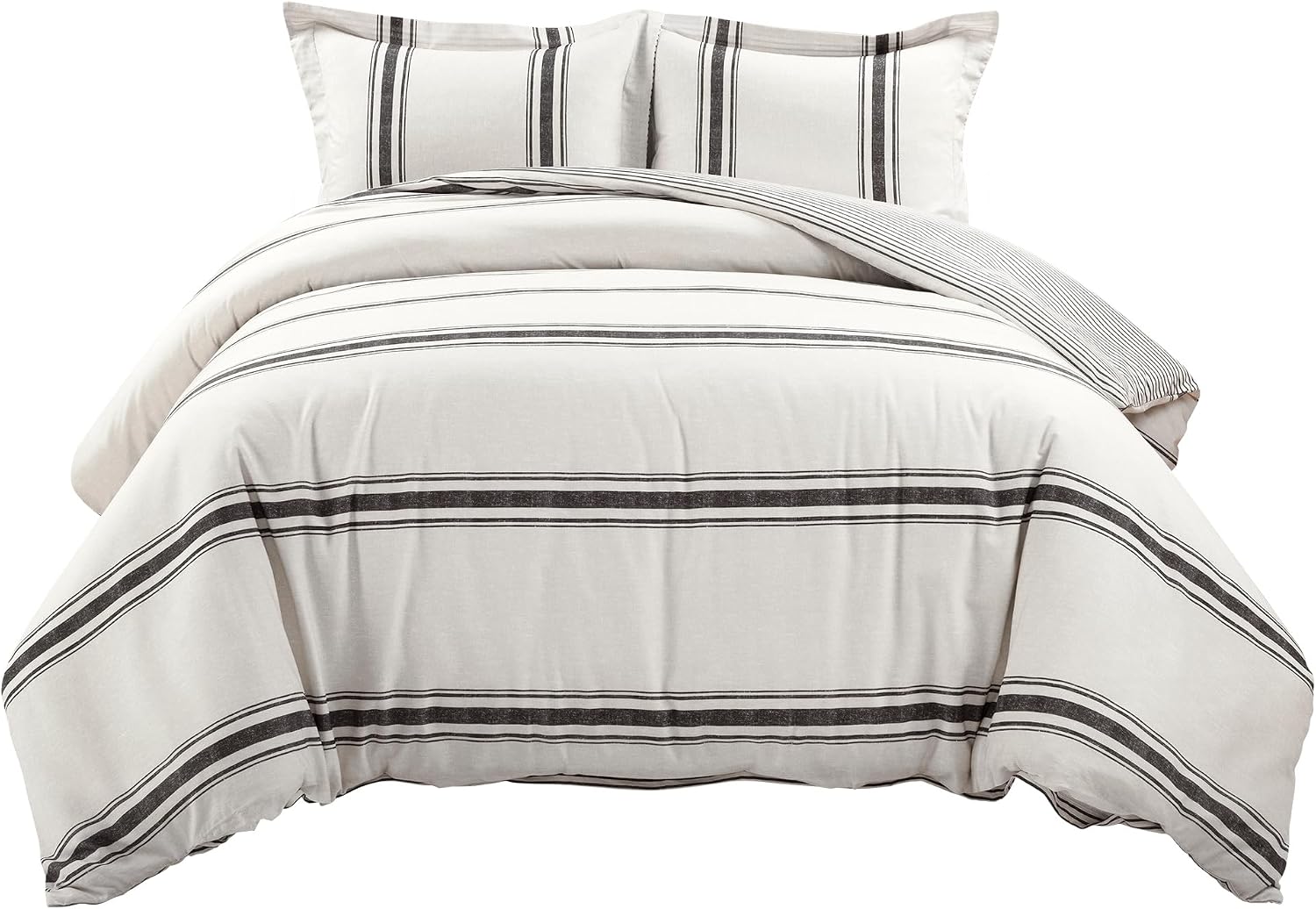 Lush Decor Farmhouse Stripe Reversible Cotton Duvet Cover King Size 3 Piece Set Black - Farmhouse Bedding Set King - Striped Duvet Cover