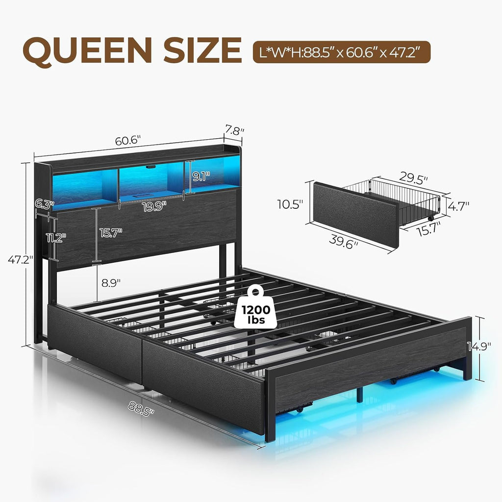 Rolanstar Queen Bed Frame with Storage Headboard & 4 Drawers, Metal Platform Bed with Charging Station, LED Single Bed with Side Shelf, No Box Spring Needed, Easy Assembly, Black