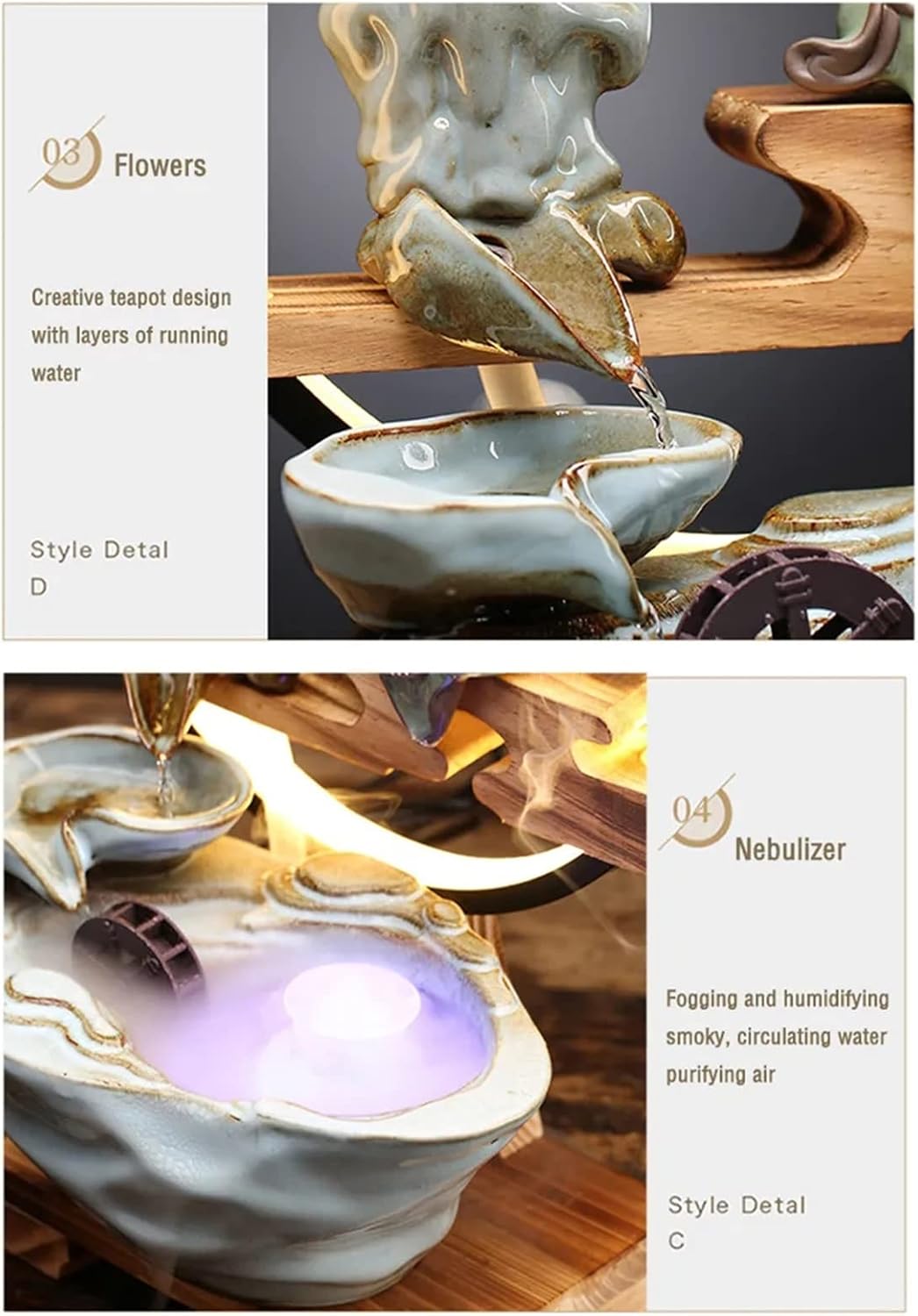 Ceramics Indoor Water Fountains Home Lucky Circulation Flowing Water Ornament Living Room Desktop Office Fountain with Mist and Backflow Incense Holder (Color : C)