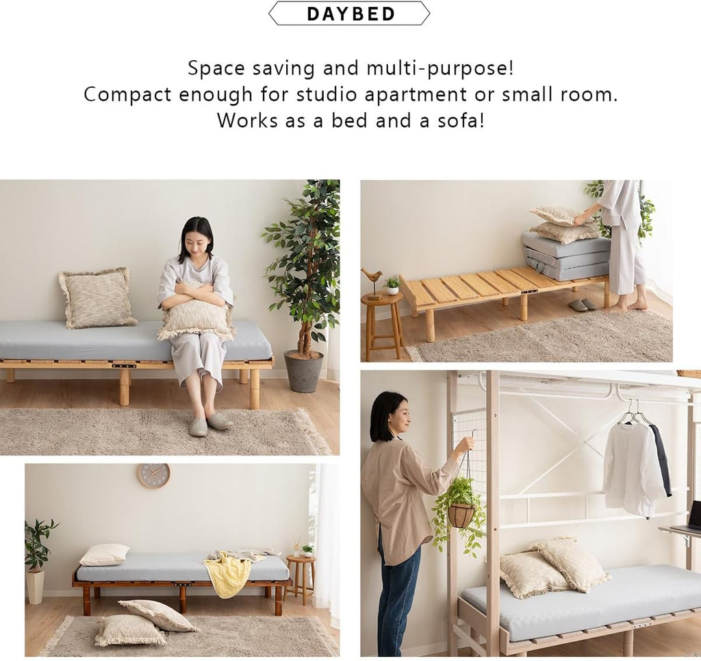 EMOOR Wood Slatted Floor Bed Frame OSMOS Daybed (26x73in) for Japanese Futon Mattress Solid Pine (Gray), Height Adjustable (2/7/12in) Tatami Mat
