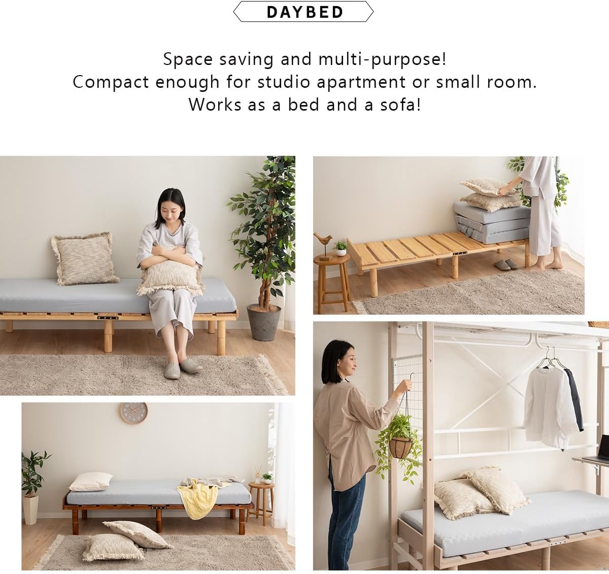 EMOOR Wood Slatted Floor Bed Frame OSMOS Daybed (26x73in) for Japanese Futon Mattress Solid Pine (Gray), Height Adjustable (2/7/12in) Tatami Mat