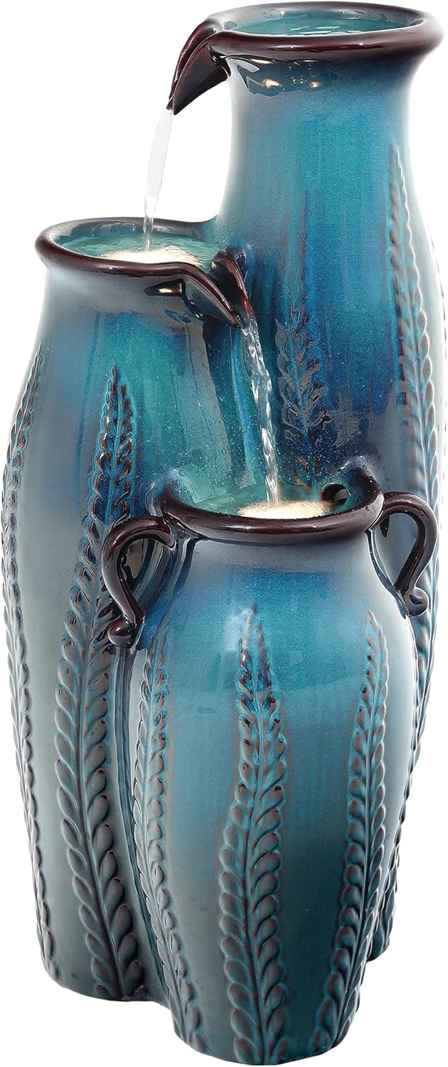 29.5' H Ceramic Outdoor Water Fountain with LED Lights, 3-Tier Vase Cascading Water Feature, Turquoise with Embossed Leaf Patterns, Tranquil Waterfall for Garden, Patio, Yard, or Porch
