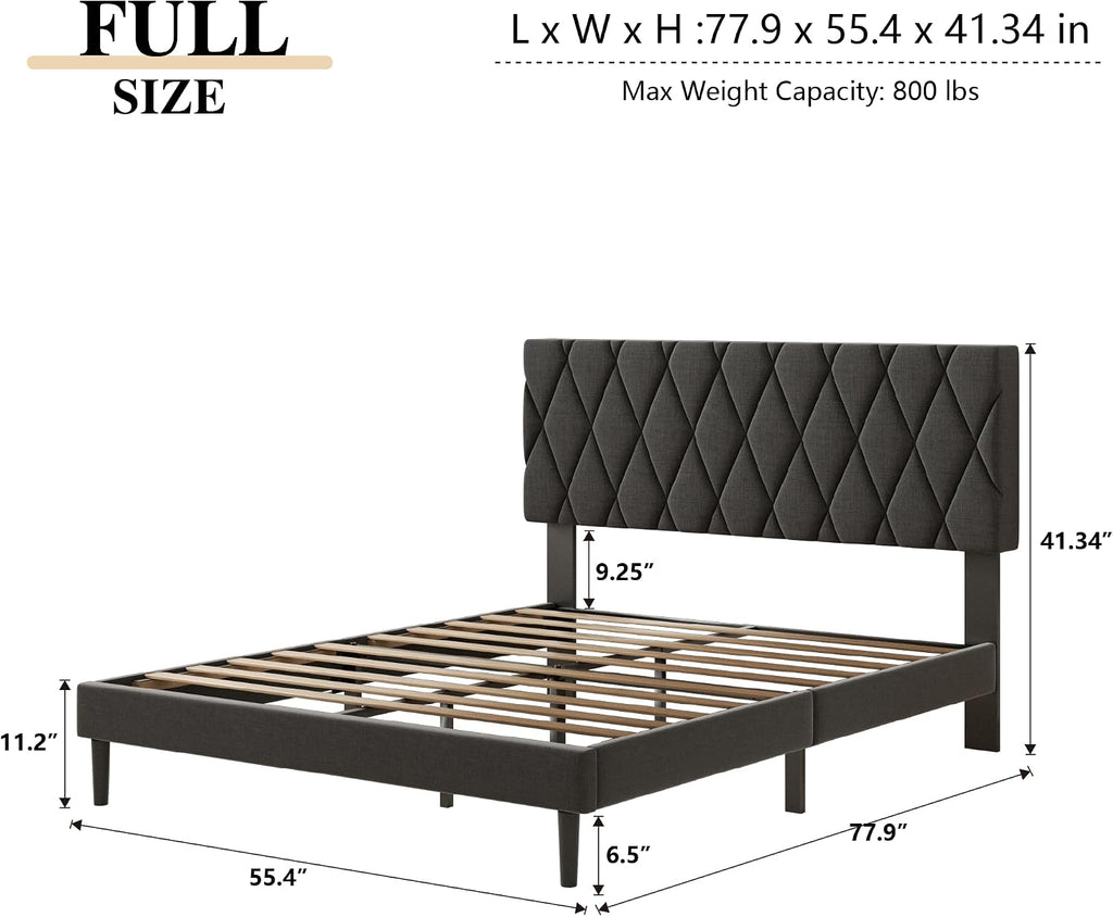 CXVX Full Size Bed Frame with Diamond Tufted Headboard, Linen Upholstered Platform Bed and Wooden Slat Support, Noise-Free, No Box Spring Needed, Easy Assembly, Dark Grey