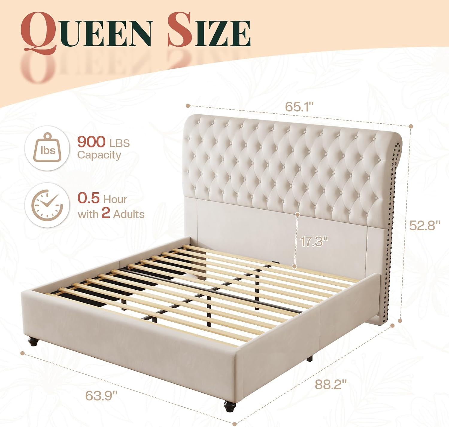 Jocisland Queen Bed Frame with Headboard, Velvet Sleigh Bed with Button Tufted 52.8' Tall Upholstered Headboard, No Box Spring Needed, Easy Assembly, Cream