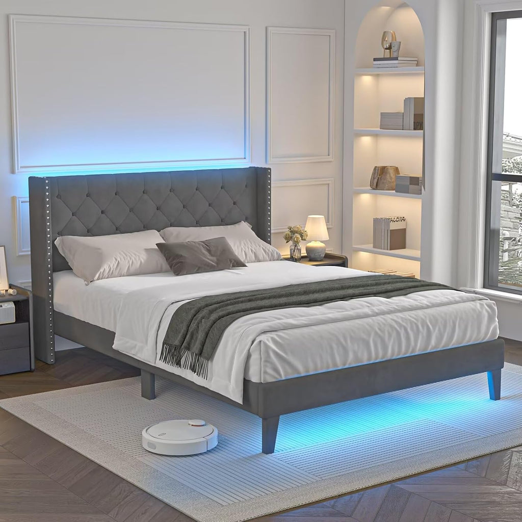Lihimte Full Size Bed Frame with Led Lights, Upholstered Velvet Platform Bed Frames with Button Tufted Wingback Headboard and Footboard, Wooden Slats Support, No Box Spring Needed, Dark Grey