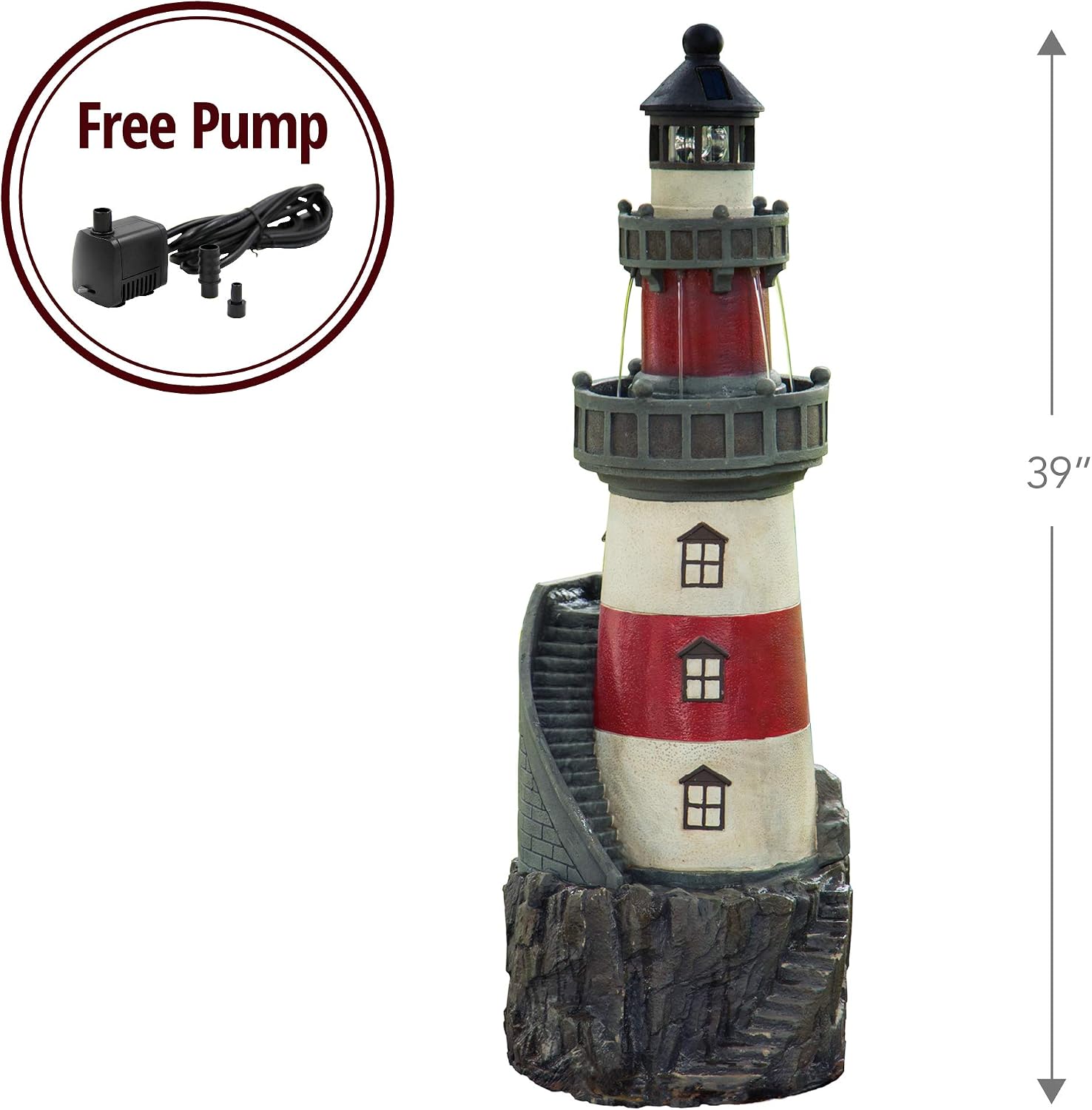Teamson Home House Floor Waterfall Fountain with Solar Powered Rotating Light and Pump for Outdoor Patio Garden Backyard Decking, 40 Inch Height, Red/White/Gray
