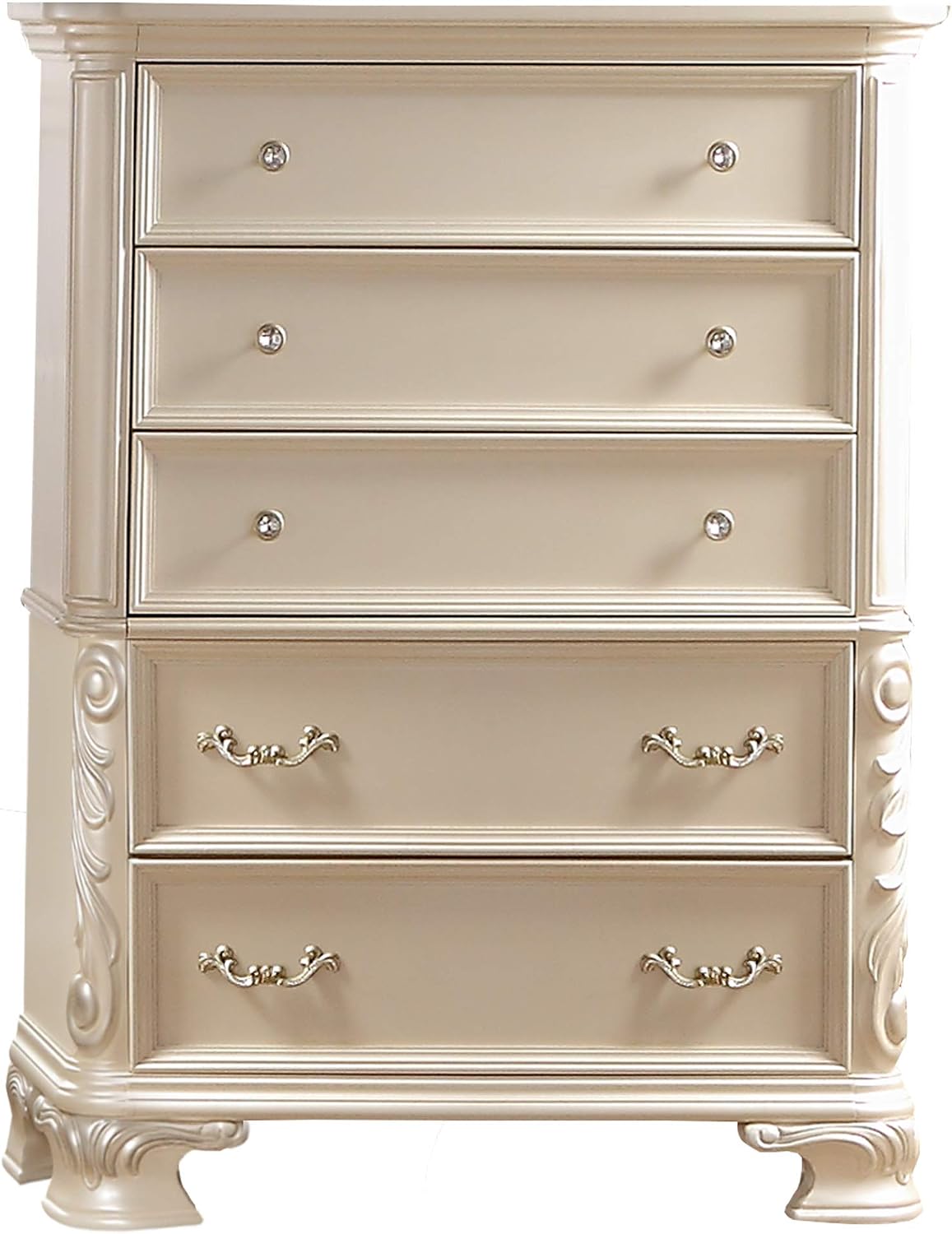 First of a Kind Victoria Off White Traditional 5 Piece Queen Bedroom Set with Upholstered Tufted Headboard Elegant European Inspired Design Coordinated Furniture Collection