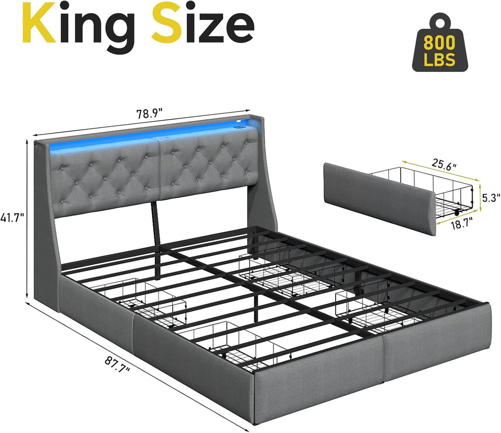 SADENICEL King Size Bed Frame with Storage Headboard, Metal Platform Bed Frame King with 4 Drawer, LED Light, Charging Station, No Box Spring Needed, Noise Free, Easy Assembly, Grey
