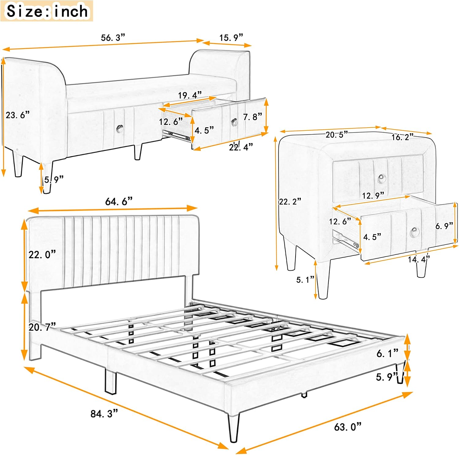 4-Pieces Bedroom Sets Queen Size Upholstered Platform Bed with Two Nightstands and Storage Bench-Green