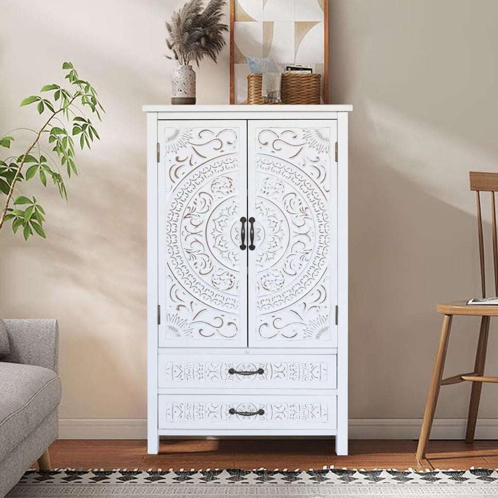 JIJIWANG 27'' Accent Tall Tower White Storage Cabinet - Rustic Wood Sideboard Pantry Cabinet with Storage for Home Decor and Organization Chic Cabinets with Two Doors and Two Drawers