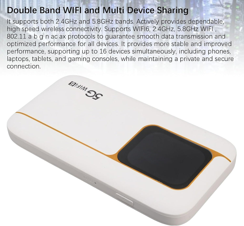 Zunate 5G Mobile Hotspot WiFi 6 Touch Screen Router with 7100mAh Battery, Dual Band 2.4/5.8GHz, SIM Slot, Supports 16 Devices, IP67, Portable for Travel and Home