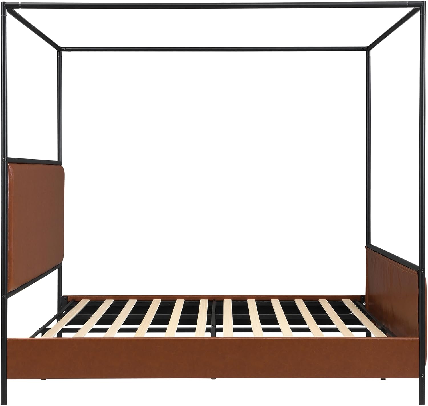 King Size Canopy Bed Frame with Tall Upholstered Headboard and Iron Legs, No Box Spring Needed (Brown+Black, King)
