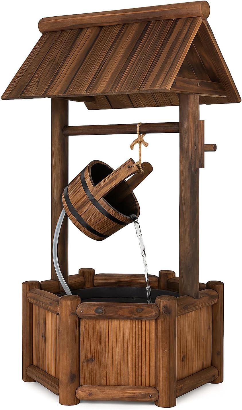 Tangkula Outdoor Wishing Well Water Fountain, Old-Fashioned Wood Waterfall Fountain w/Bucket Pump, Rustic Farmhouse Decoration for Garden, Backyard, 46 Inch Tall (20' x 23' x 46')