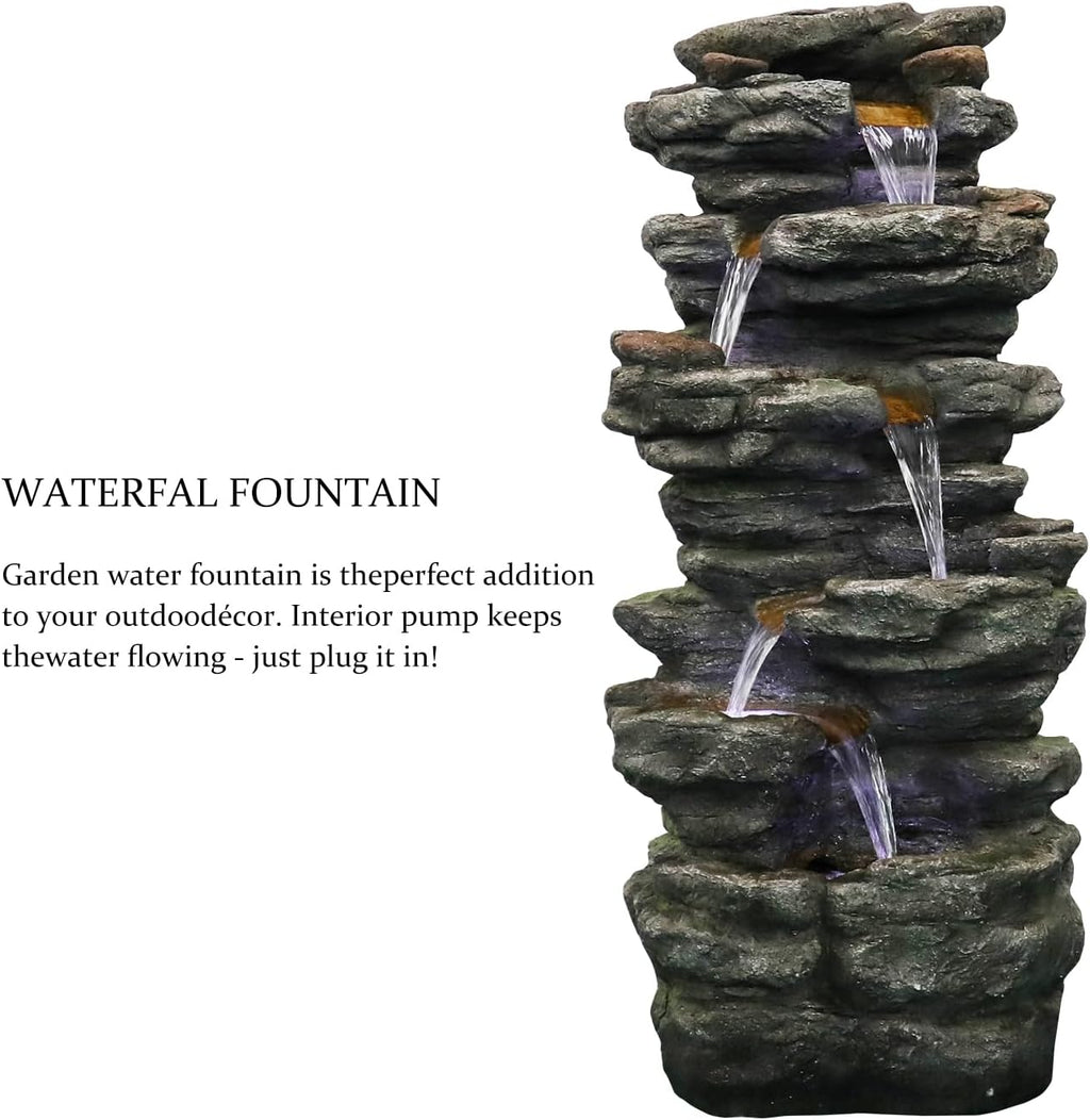SunJet 40' High 6-Tiers Cascading Rock Outdoor Water Fountain with LED Lights - Large Outdoor Fountains and Waterfalls for Garden or Patio, Yard, and Deck Decor, Featuring Natural Stone Look