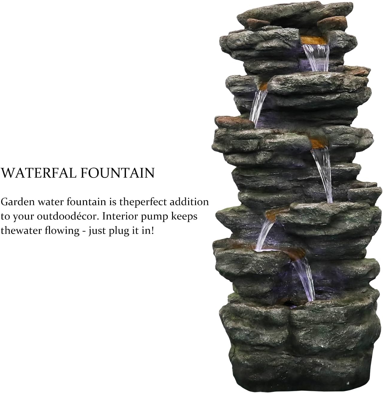 SunJet 40' High 6-Tiers Cascading Rock Outdoor Water Fountain with LED Lights - Large Outdoor Fountains and Waterfalls for Garden or Patio, Yard, and Deck Decor, Featuring Natural Stone Look