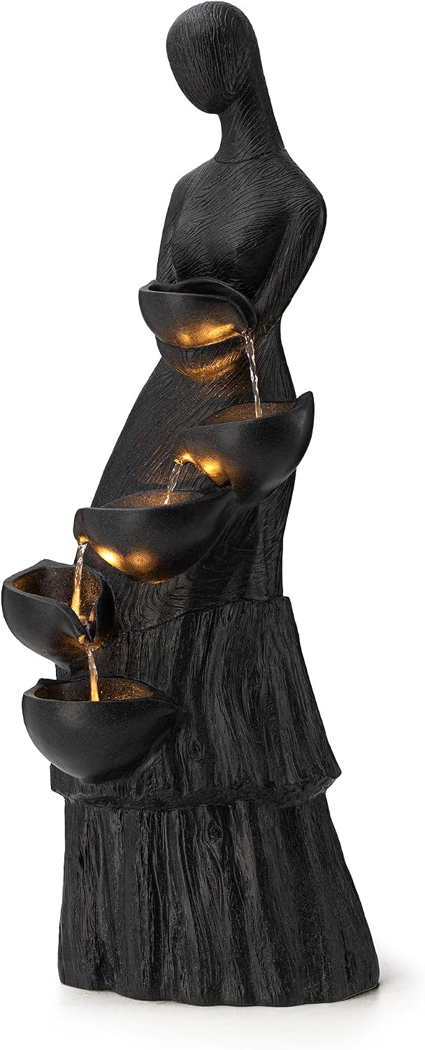 Glitzhome 5 Tier Modern Women Sculpture Outdoor Water Fountain, Indoor Outdoor Woman Statue Waterfall Fountain with LED Lights for Porch Deck Garden Patio Backyard, 39.75' H