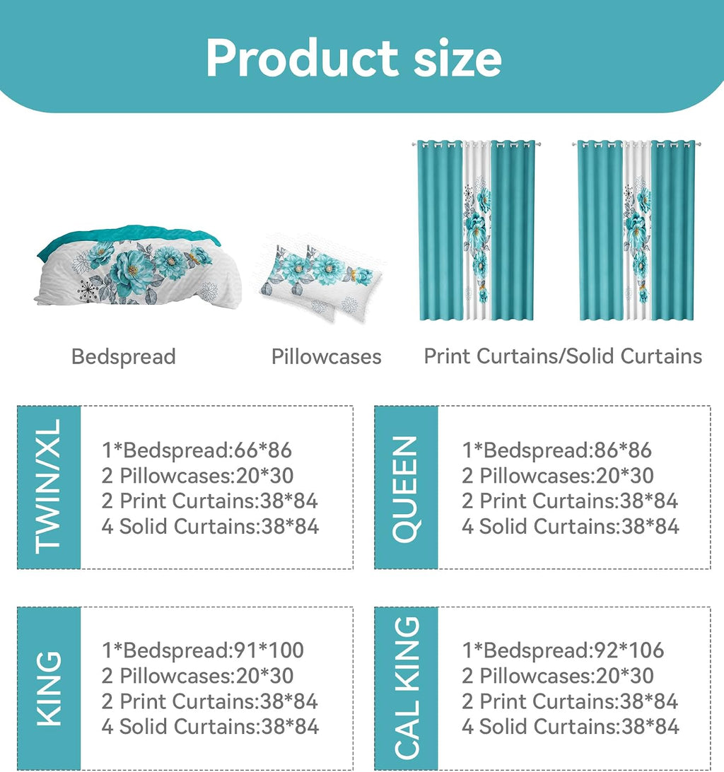 9 Pcs Cal King Bed in A Bag with Curtains | Teal Floral Bedspread, 2 Pillowcases, 2 Print & 4 Solid Curtains | Microfiber, Cotton-Like Touch | Bedroom | Bedspread and Curtain Sets