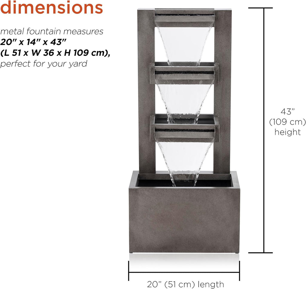 Alpine Corporation 43' Tall Multi-Tier Waterfall Fountain - Industrial Style Water Feature for Garden, Patio, Yard, Backyard, Relaxing Water Flow, and Serene Landscaping, Gray