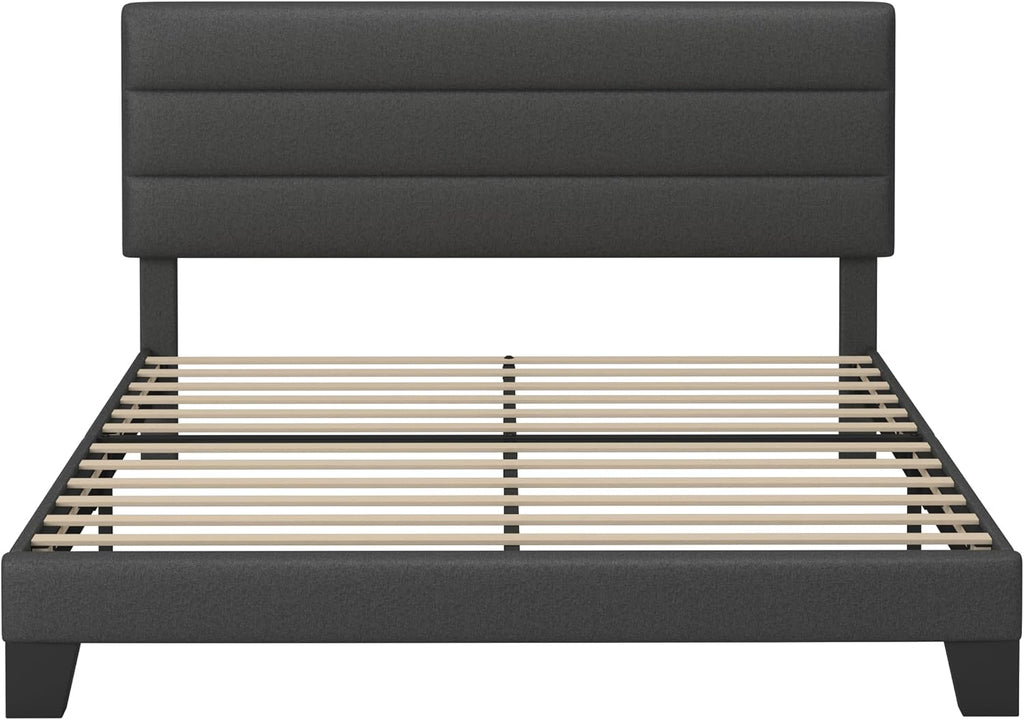 GOLDORO Full Size Bed Frame with Headboard, Upholstered Platform Bed, Wooden Slats Support, No Box Spring Needed, Easy Assembly, Dark Grey