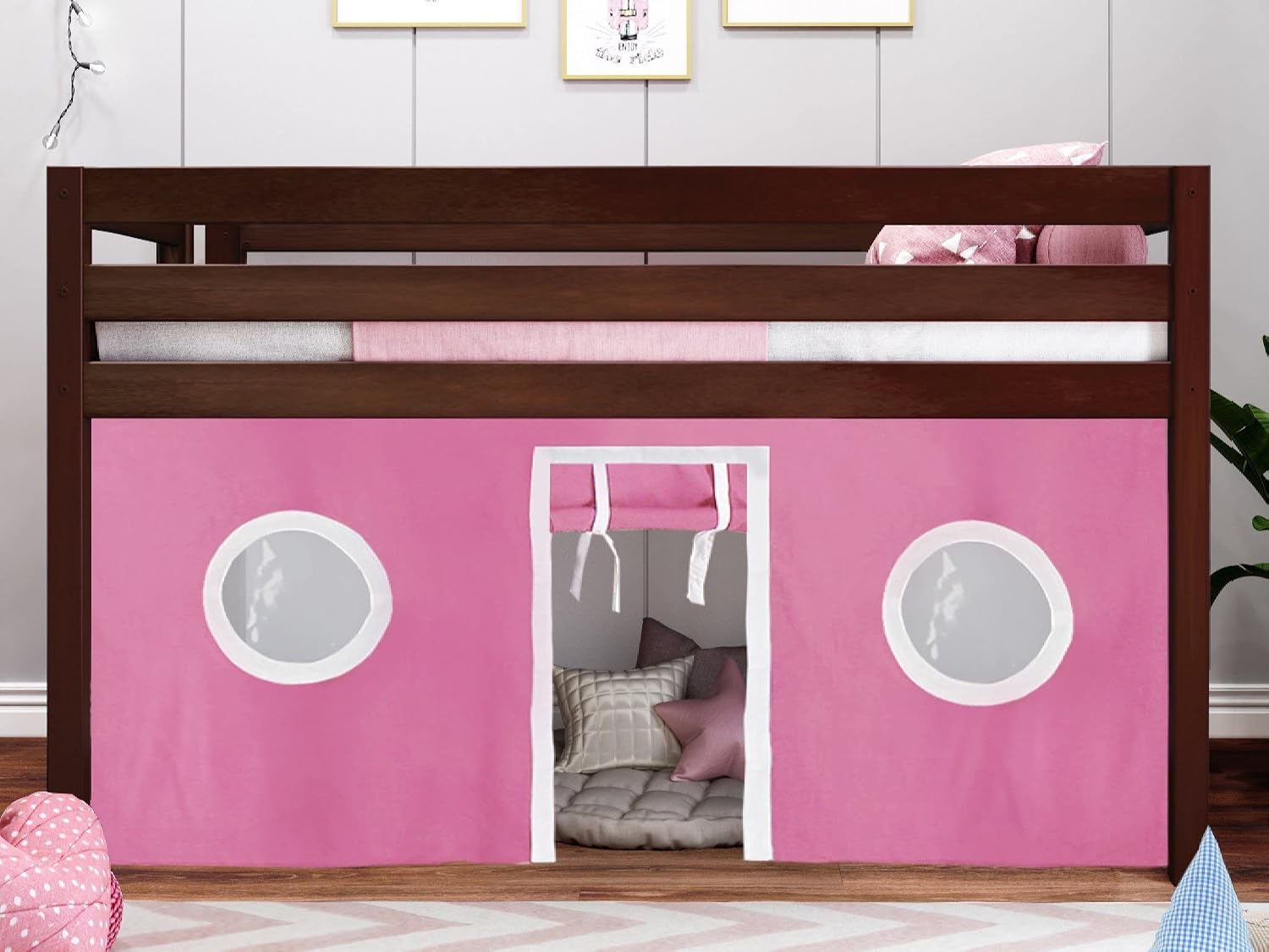 JACKPOT! Contemporary Low Loft Twin Bed with End Ladder, Cherry with Pink & White Tent