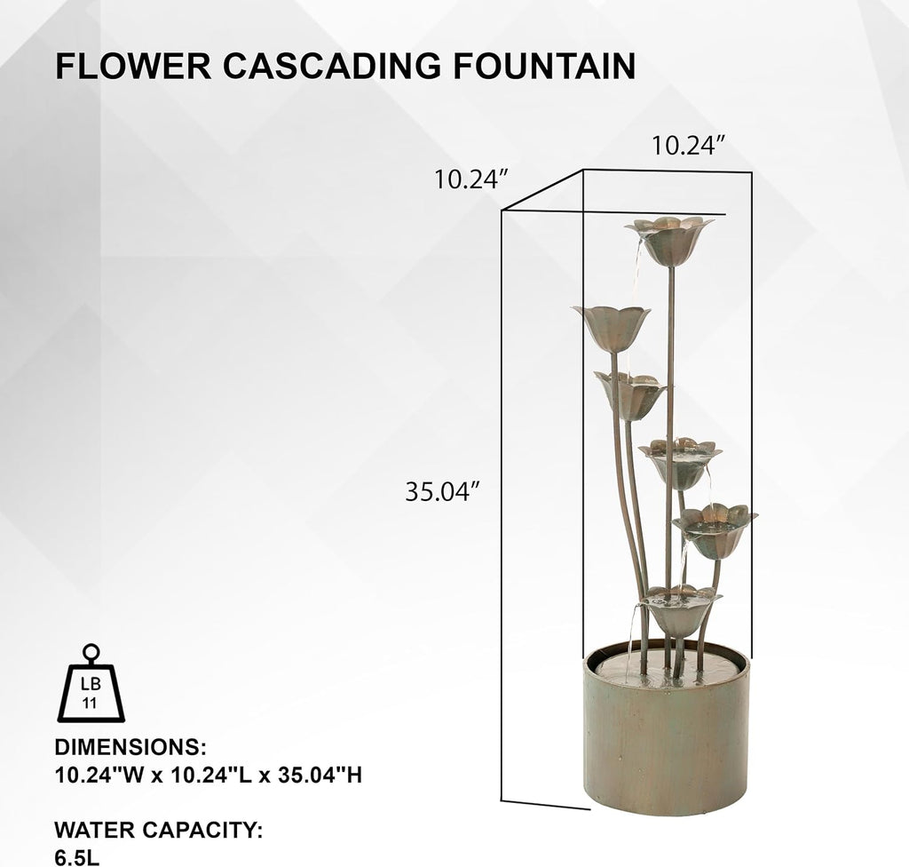 XBrand 35-Inch Freestanding Sculptural Metal Multi-Tier Flower Water Fountain, Silver