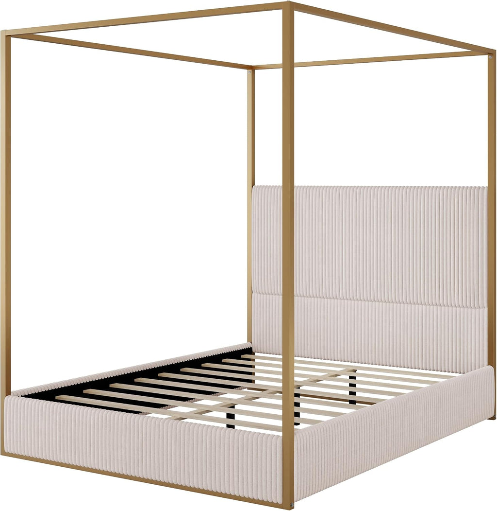 Queen Size Metal Canopy Bed with Tall Upholstered Channel Headboard and Gold 4 Poster, No Box Spring Needed (Beige+Gold, Queen)