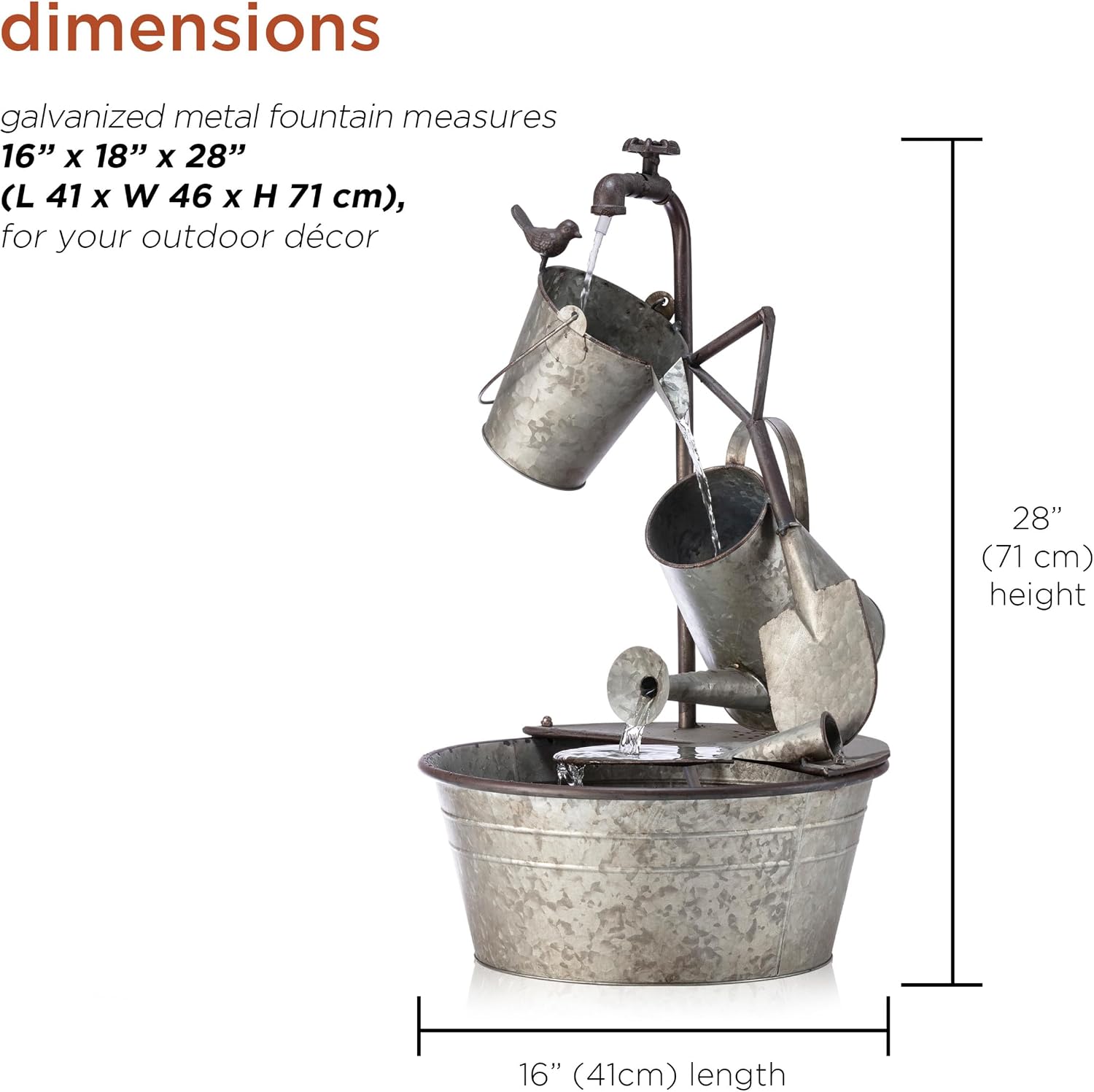 Alpine Corporation YHL106 Outdoor Floor 3-Tiered Metal Garden Tools Water Fountain, Tools and Faucet Waterfall, 28', Gray
