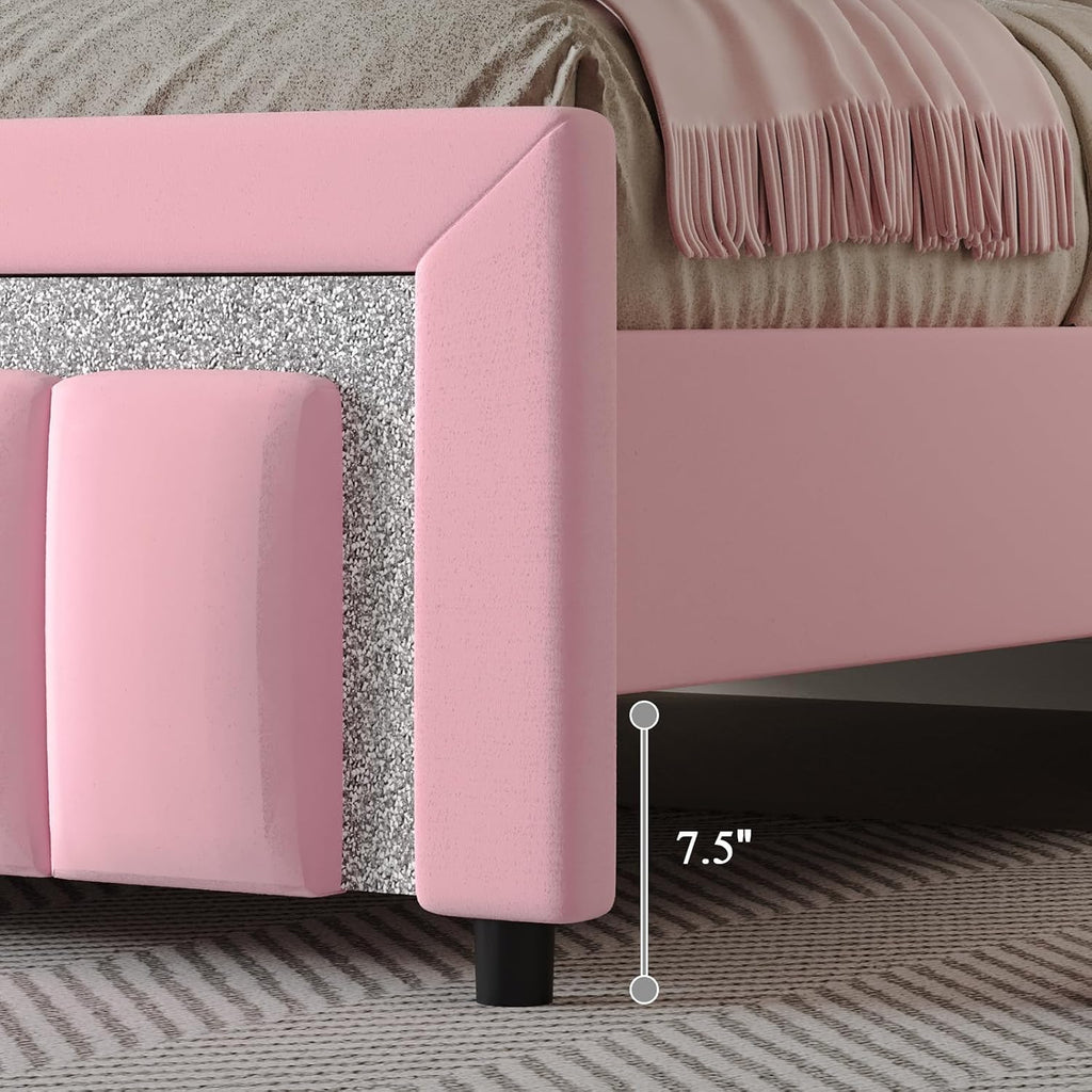HOMBCK Queen Bed Frame, Upholstered Bed Frame with Diamond Headboard, Modern Queen Size Bed with Wooden Slats Support, Mattress Foundation, No Box Spring Needed, Easy Assembly, Pink