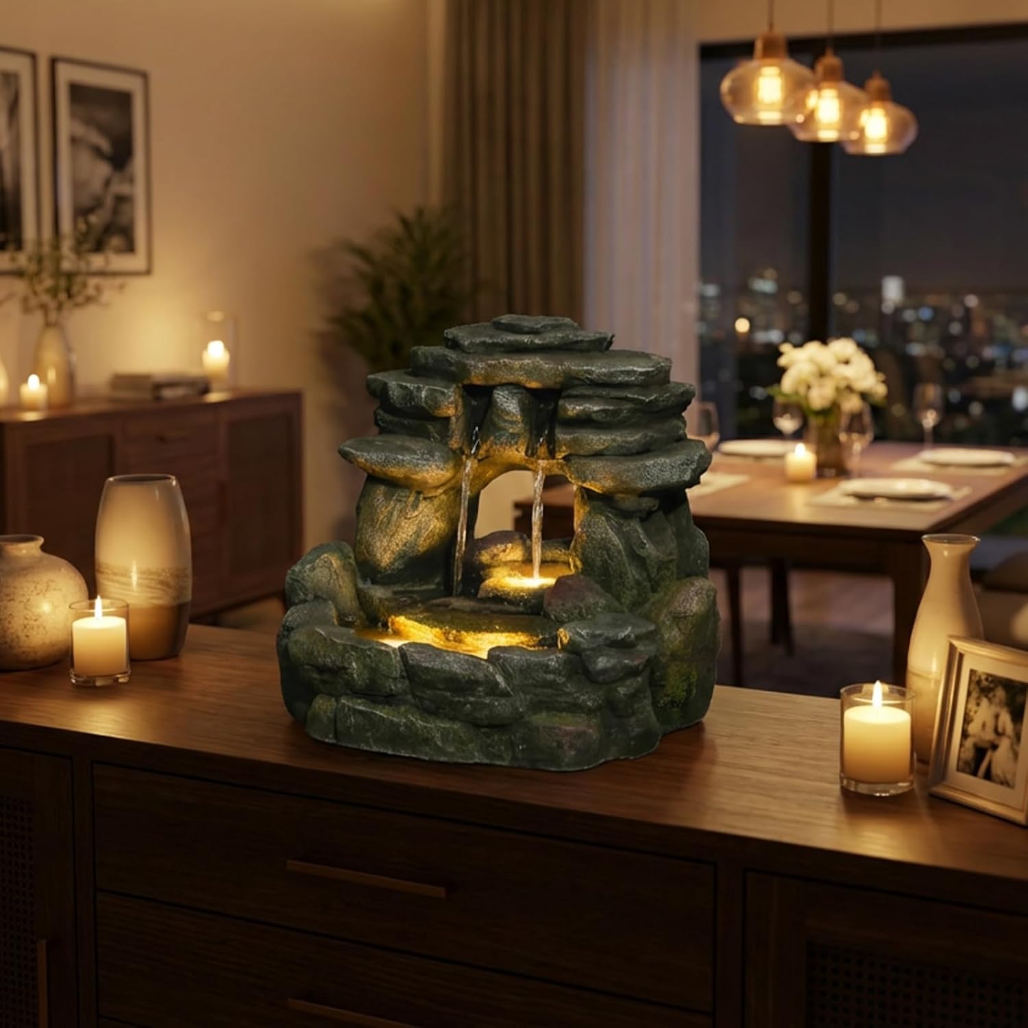 Bumilgar 15.55' Tabletop Rock Water Fountain – Cascading Stacked Stone Waterfall Fountain with LED Light, Zen Indoor Tabletop Fountain for Desk, Side Table, Home Office, Meditation Décor