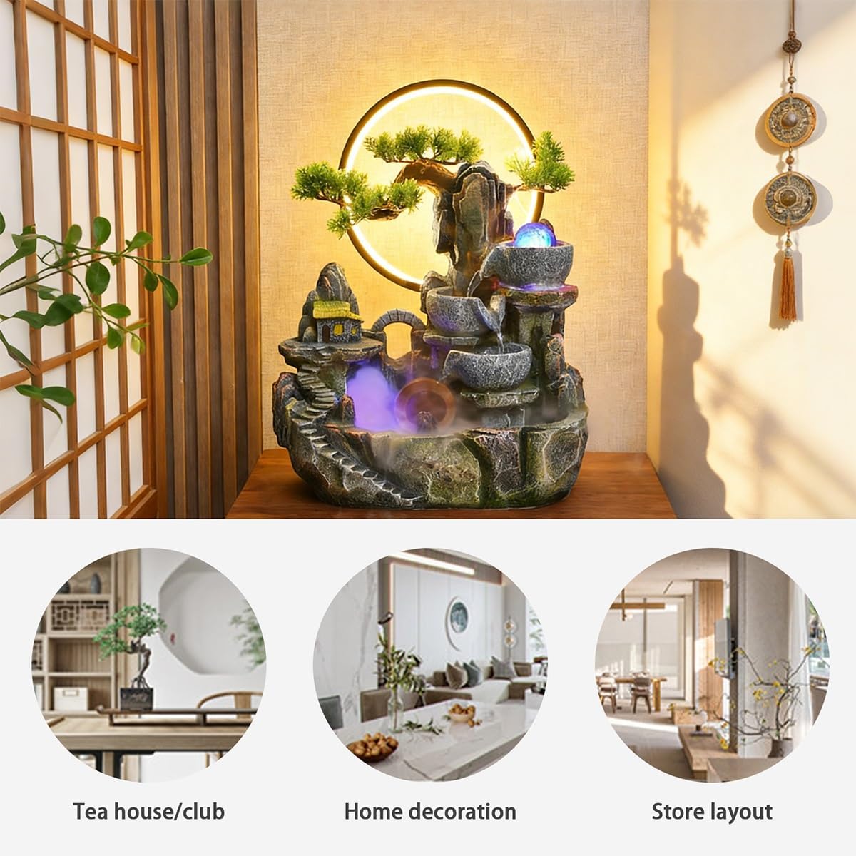 Indoor Water Fountain Tabletop Waterfall, Table Fountain, Tiered Cascade Design with LED Lights, for Home Office Bedroom Relaxation Decor(10.6x6.3x14.6in)