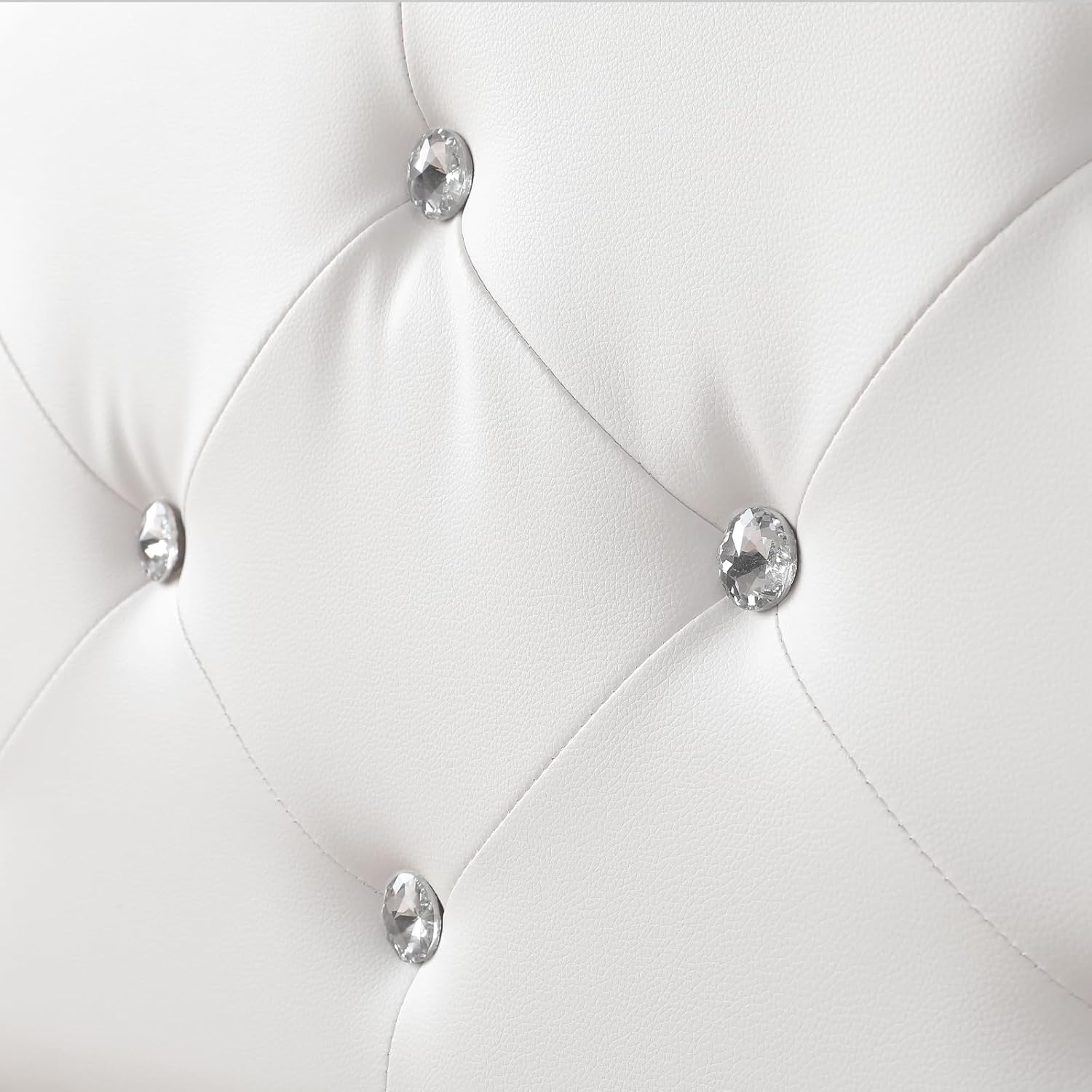 Keyluv Modern Upholstered Full Size Bed Frame with LED Lights, Faux Leather Low Profile Platform Bed Frame, Adjustable Crystal Button Tufted Headboard, Strong Wood Slat Support, Easy Assembly, White